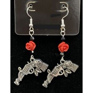 Guns & Red Roses with Black Crystal Earrings by Neanie-Bot